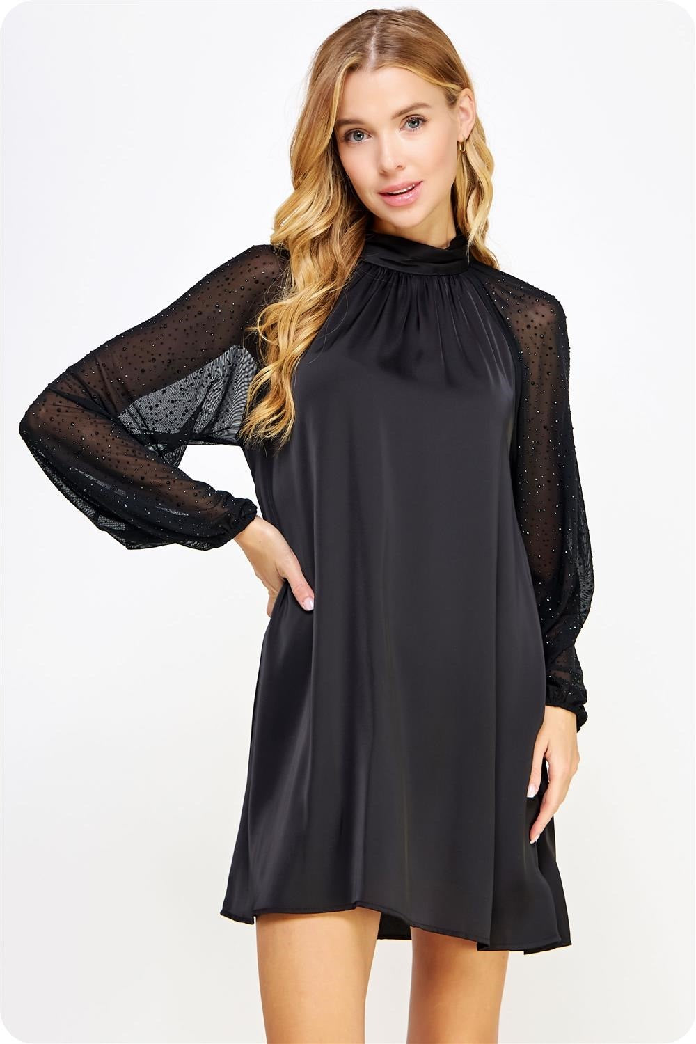 Long Sleeve Black Satin Dress
